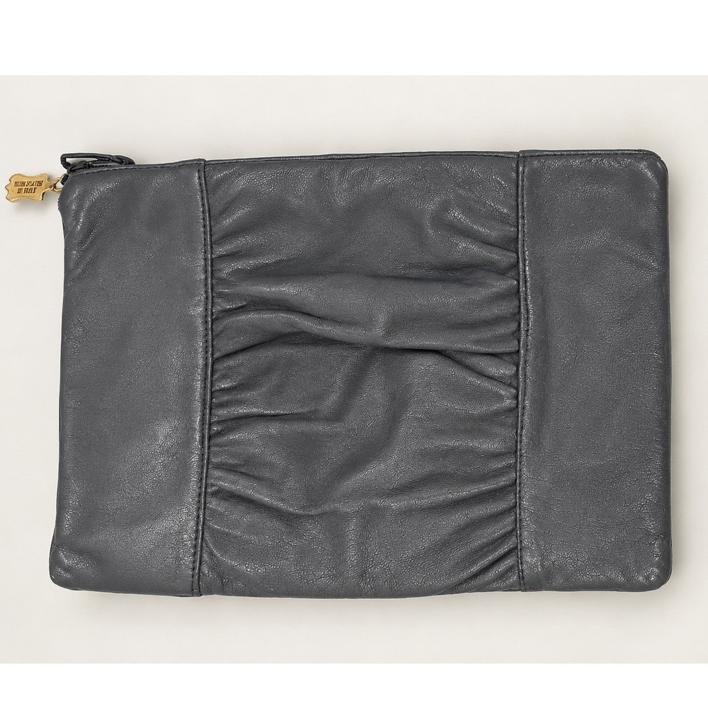 Vintage Gray Leather Ruched Clutch Bag Handcrafted in Italy 80s 90s Zip Top